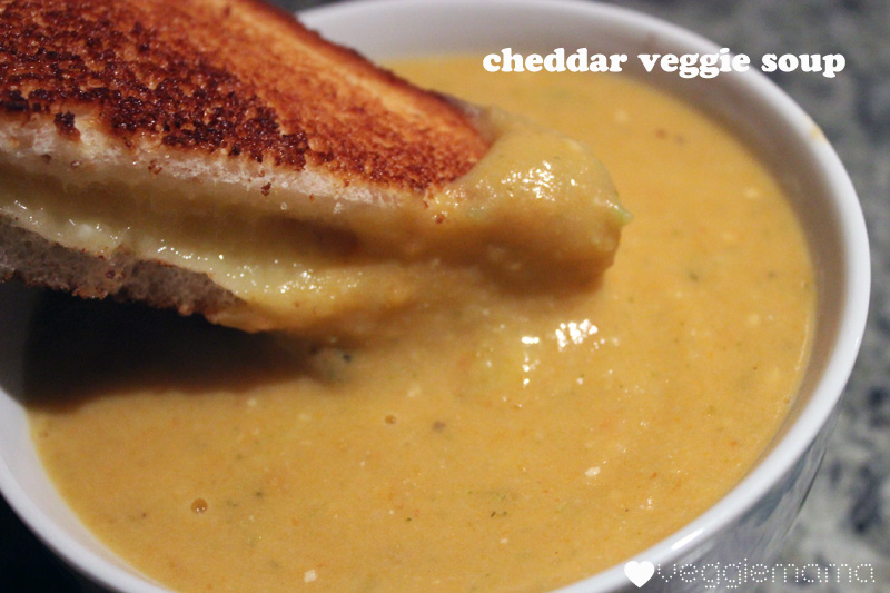 Vegetarian soup: a cheddar-veggie version with a silky, cheesy bechamel sauce.