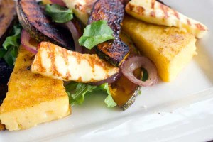 Grilled polenta and pumpkin with haloumi