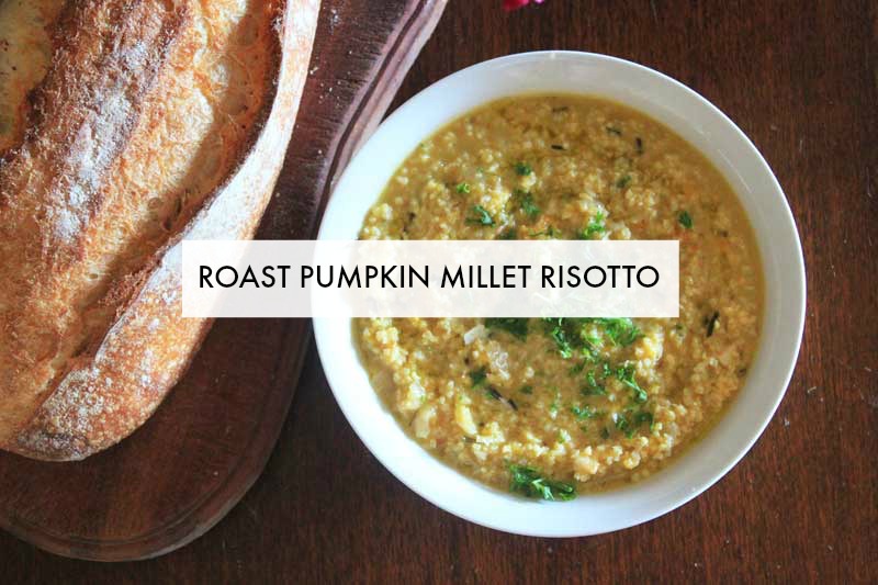 Millet makes a lovely creamy risotto, a great alternative to rice. This recipe has roasted pumpkin and optional cheese.