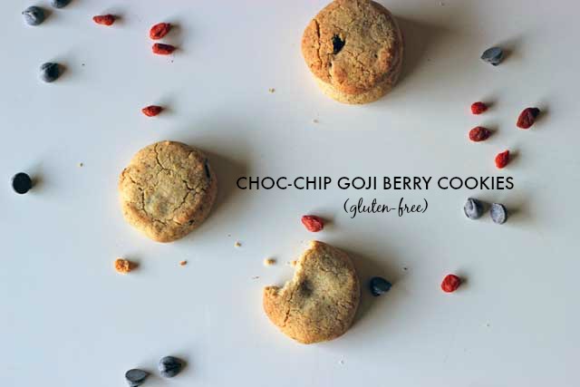 these gluten-free (and almost-healthy!) choc chip cookies are packed with juicy goji berries for that little something extra