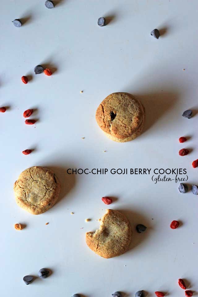 these gluten-free (and almost-healthy!) choc chip cookies are packed with juicy goji berries for that little something extra