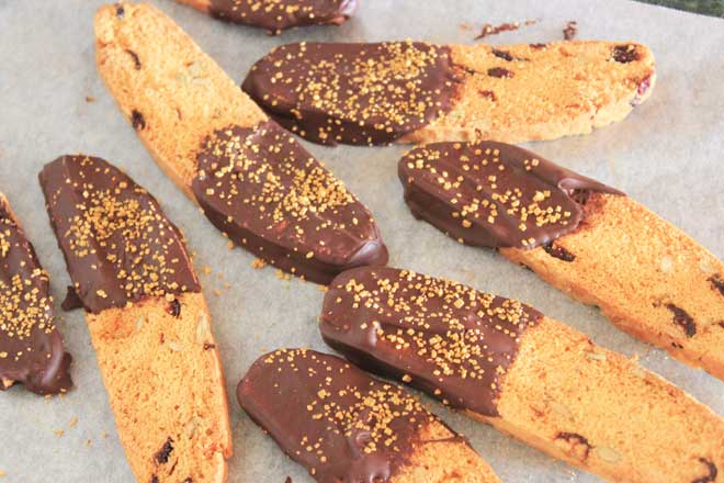 Dark Chocolate-Dipped Cranberry and Pumpkin Seed Biscotti | Brighten up your Christmas gifts this year with a simple but beautiful biscotti recipe - chocolate optional but totally recommended! | Veggie Mama