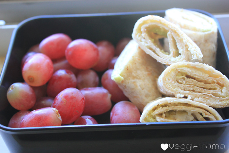 kid food ideas: avocado and grated cheese on wrap, grapes | Veggie Mama