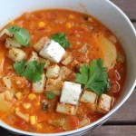 Red lentil veggie soup with roasted potato croutons - an easy winter warmer on theveggiemama.com